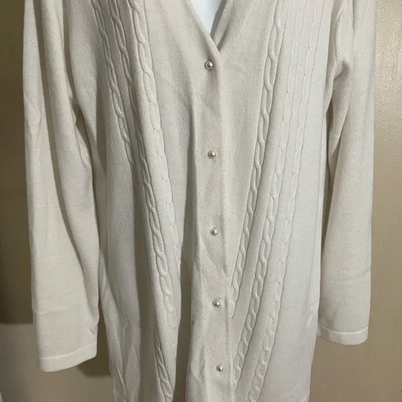 Victorias Secret Ivory Long Cardigan Sweater Gold Label Pearl Vintage Sz Medium - Picture 2 of 7